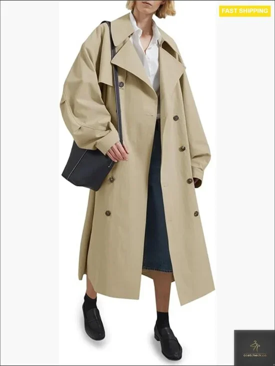 Oversized Double Breasted Trench Coat Classic Elegant Chic Belted Overcoat - Picture 1 of 7